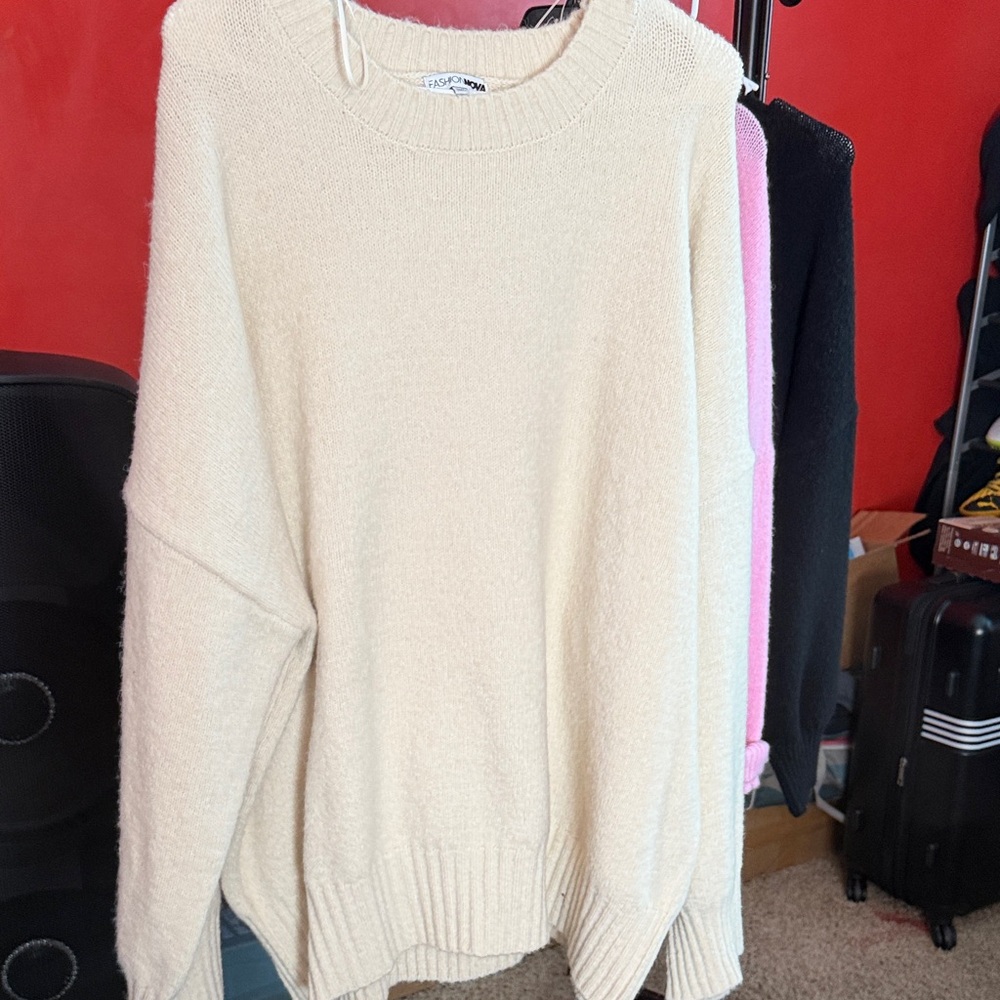 • Lot of 3 • Fashion Nova Crew-Neck Sweaters (New) • Cozy Neutrals + Pink Sz 3x